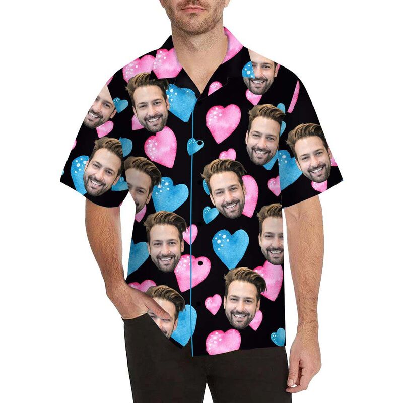Custom Face Pink and Blue Heart Men's All Over Print Hawaiian Shirt