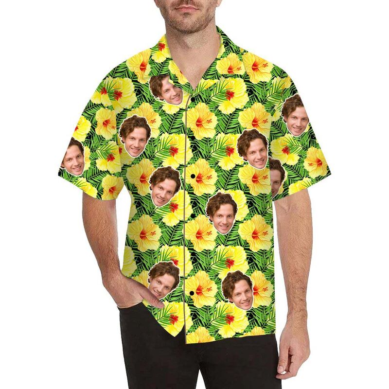 Chemise hawaïenne à impression intégrale Visage personnalisé Hibiscus jaune et feuilles pour hommes