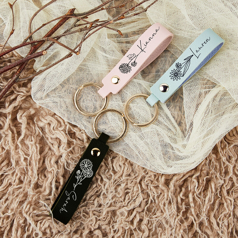 Personalized Leather Keychain with Custom Name and Birth Flower Attractive Gift for Her