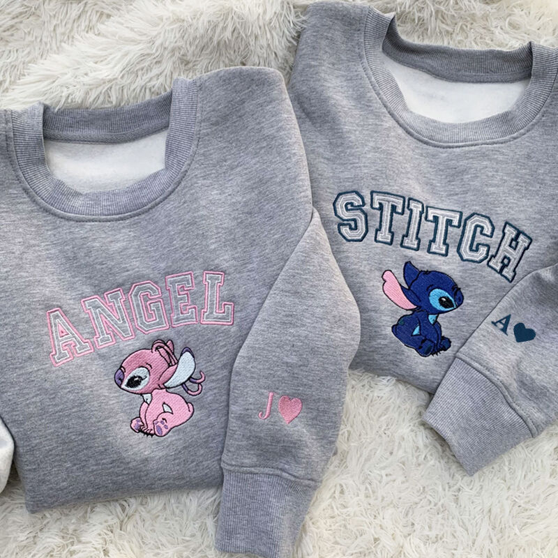 Personalisiertes Sweatshirt gestickt Cartoon Stitch und Angel Design Perfektes Geschenk für Liebhaber