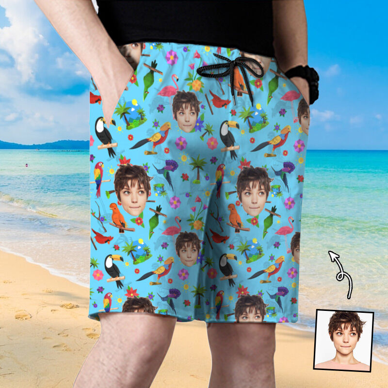 Personalized Picture Men's Beach Shorts with Colorful Birds Pattern Cute Gift for Family