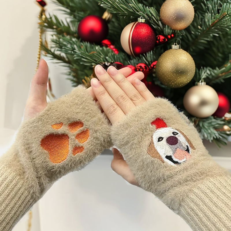 Personalized Plush Gloves with Custom Embroidered Pattern Warm Winter Gifts for Pet Lovers