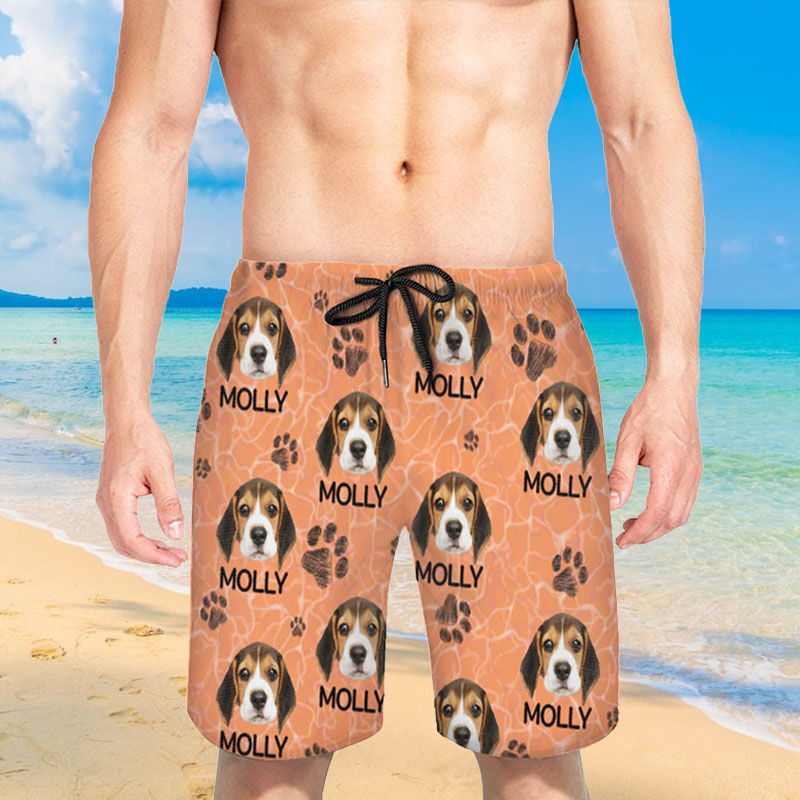 Personalized Picture Men's Beach Shorts with Paw Print Pattern Cute Gift for Pet Lovers