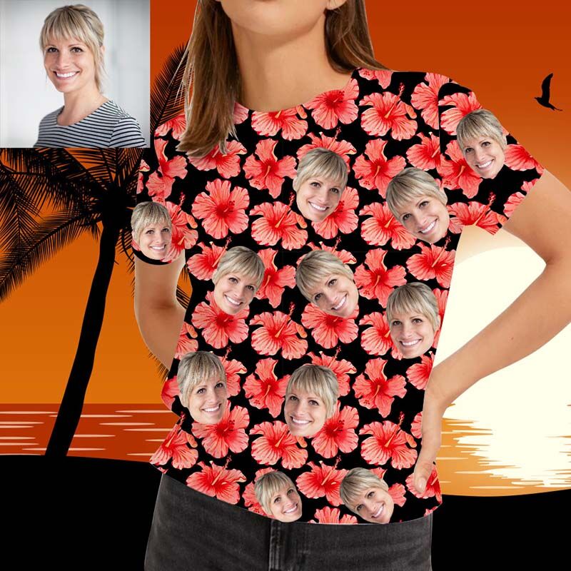 T-shirt Personnalisé Visage hawaïen pour femmes avec fleurs rouges