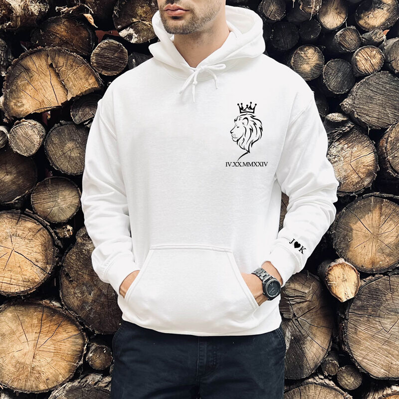 Personalized Hoodie Lion King Couple Crown Design with Custom Roman Numeral Date Gift for Lovers
