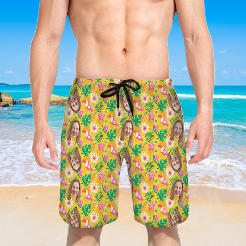 Personalized Picture Men's Beach Shorts with Pink Birds Pattern Creative Gift for Family