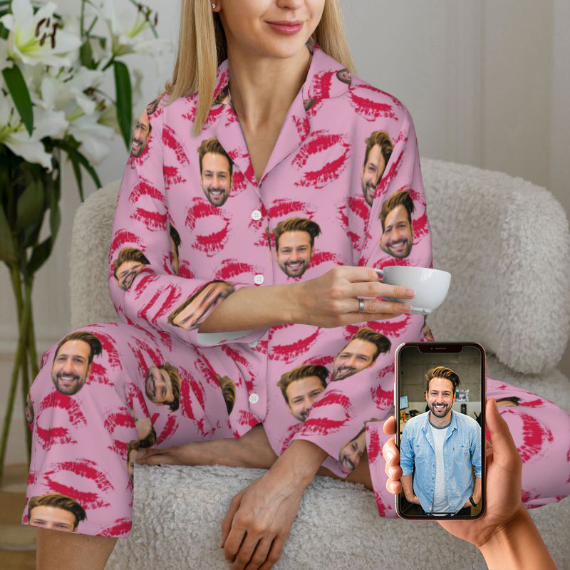 Personalized Pajamas Custom Couple Photo Passionate Kiss Pattern Design Perfect Gift for Lovers