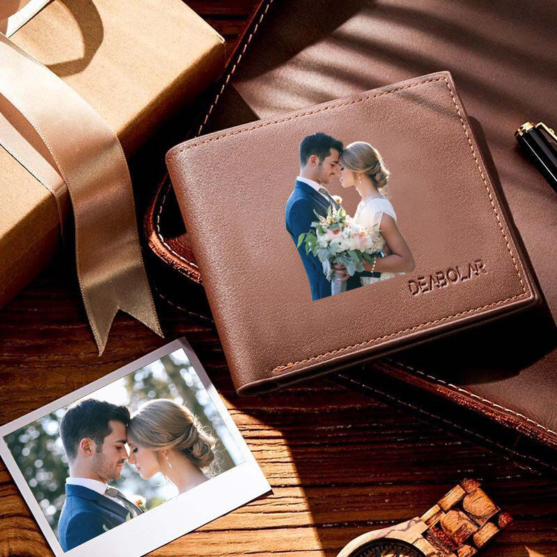 Portefeuille en cuir marron avec photo imprimée en couleur personnalisée - pour couple