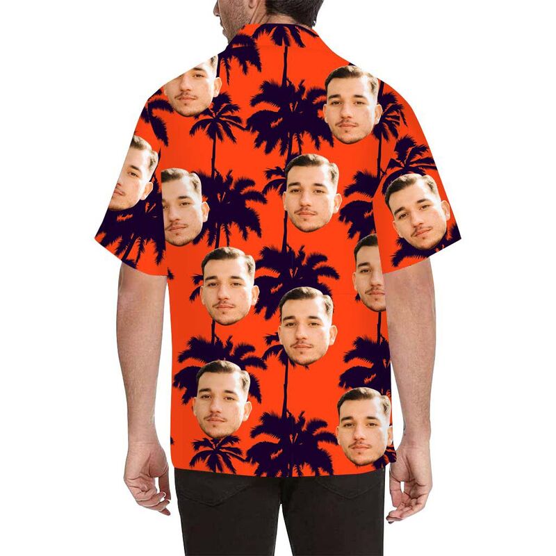 Chemise hawaïenne à impression intégrale pour hommes Visage personnalisé Palmiers sous le coucher du soleil