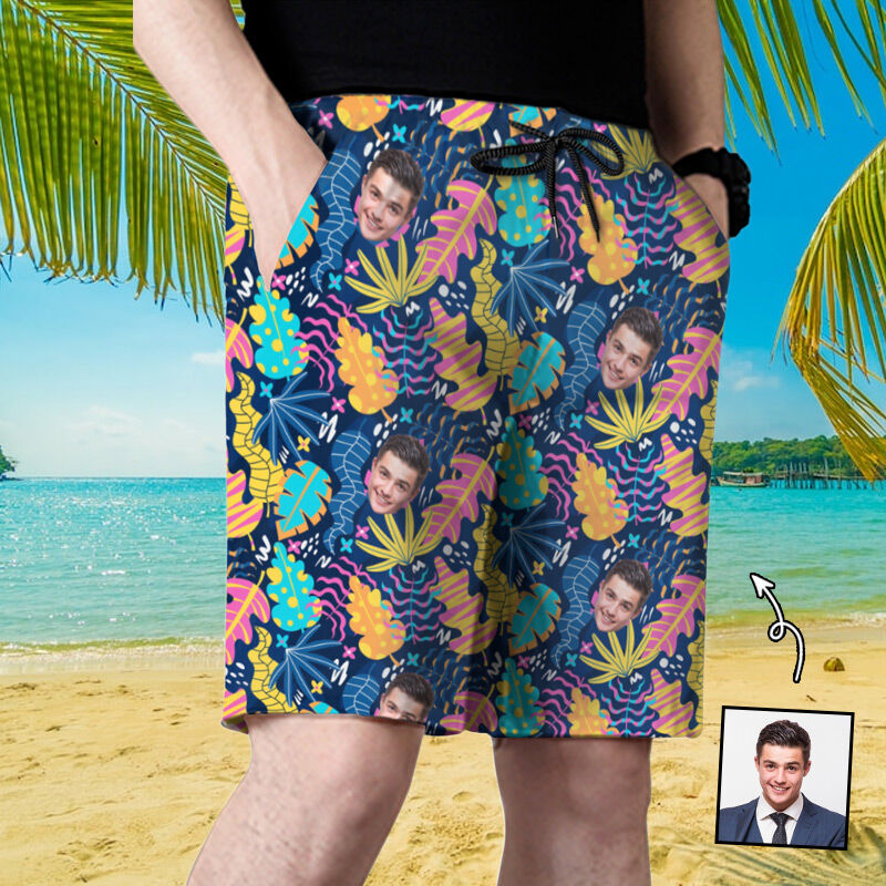 Personalized Picture Men's Beach Shorts with Leaves Pattern Best Gift for Family