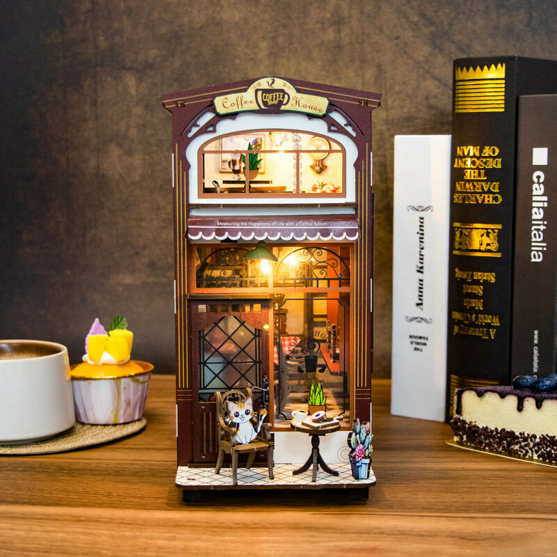 ブックヌック キット 喫茶店 立体パズル ミニチュア ドールハウス 組み立て 本棚装飾 LED付き イラスト説明書付き