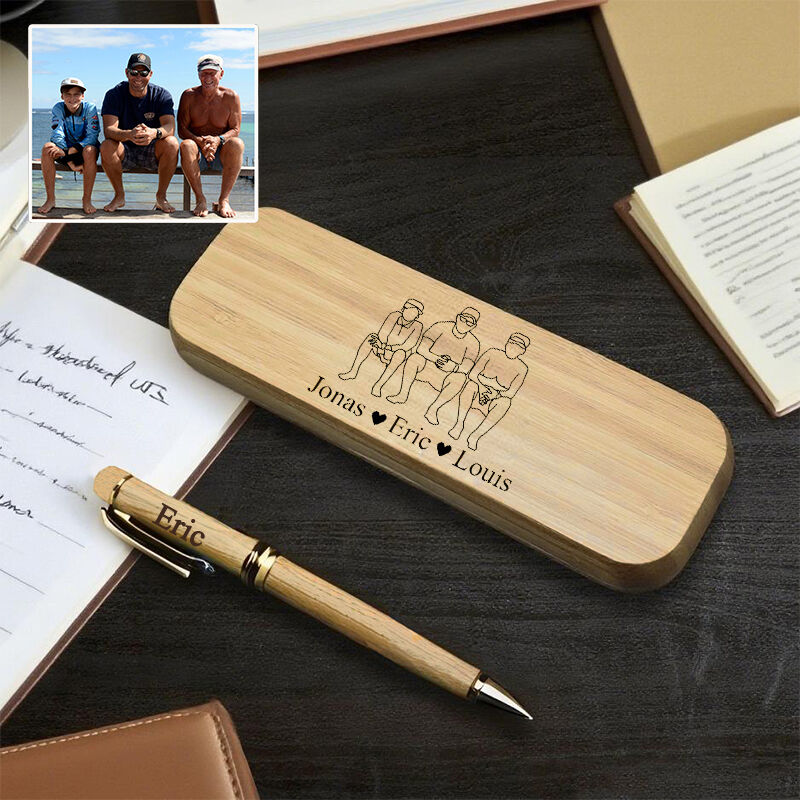 Boîte en bois personnalisée pour stylo dessin au trait personnalisé design créatif cadeau idéal pour la famille