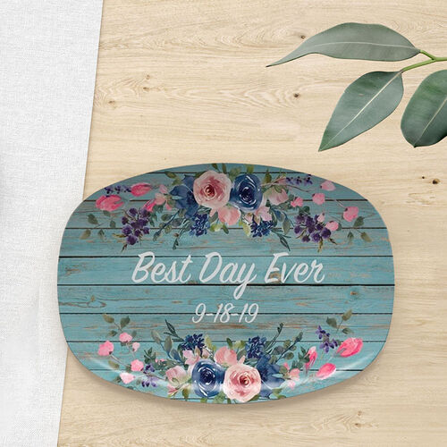 Personalized Date Plate with Pink Flowers Pattern for Couples "Best Day Ever"