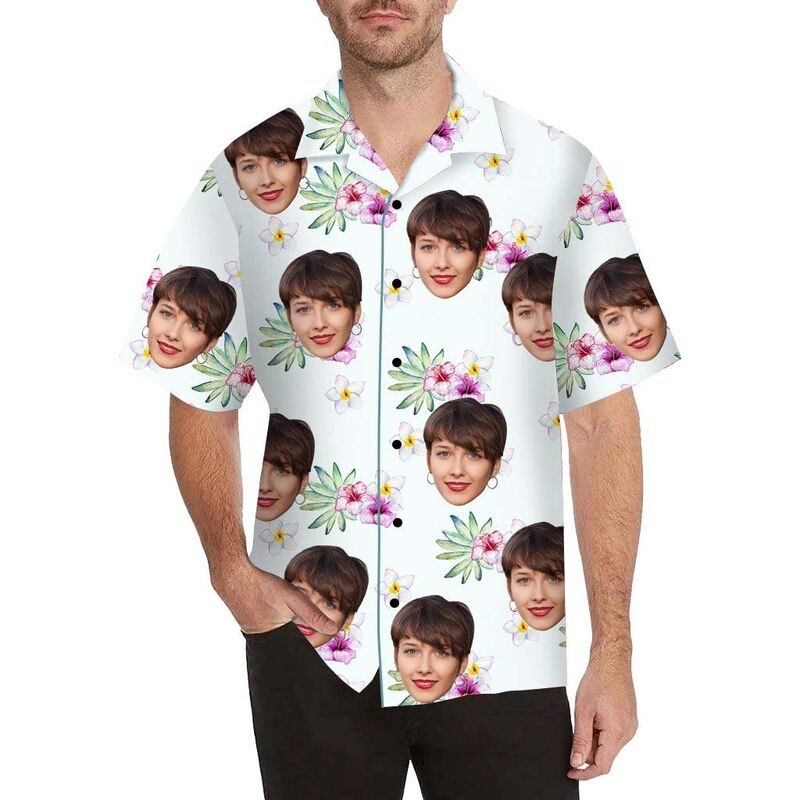 Chemise hawaïenne imprimée personnalisé  pour hommes, jonquilles et hibiscus, visage personnalisé