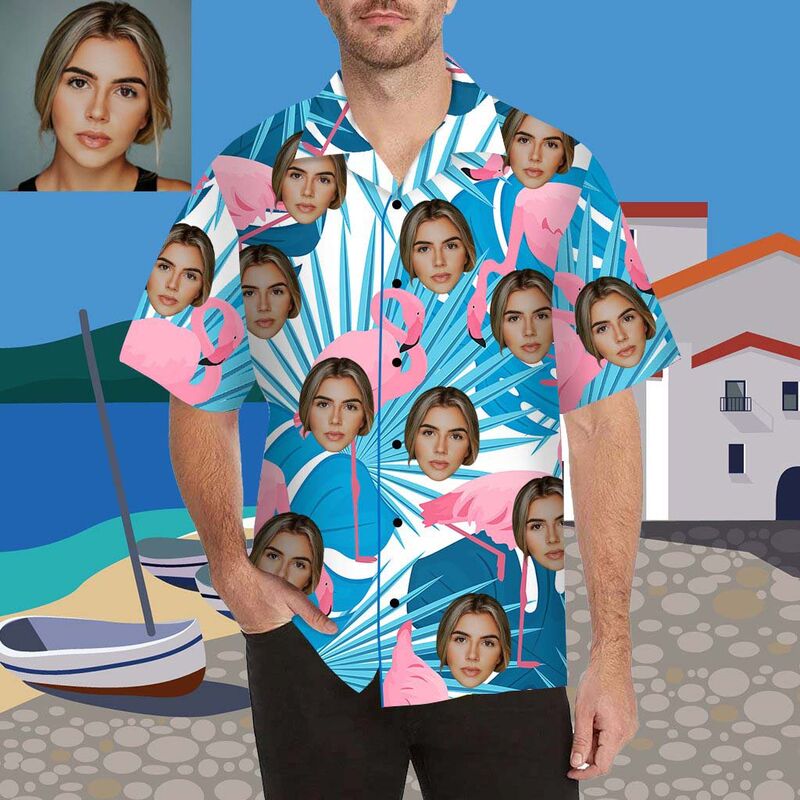 Custom Face Pink Flamingo Men's All Over Print Hawaiian Shirt