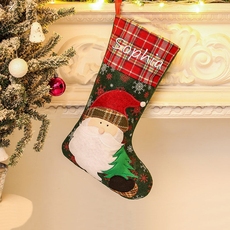 Calcetines navidad chimenea personalizado de nombre de Papá Noel de color verde