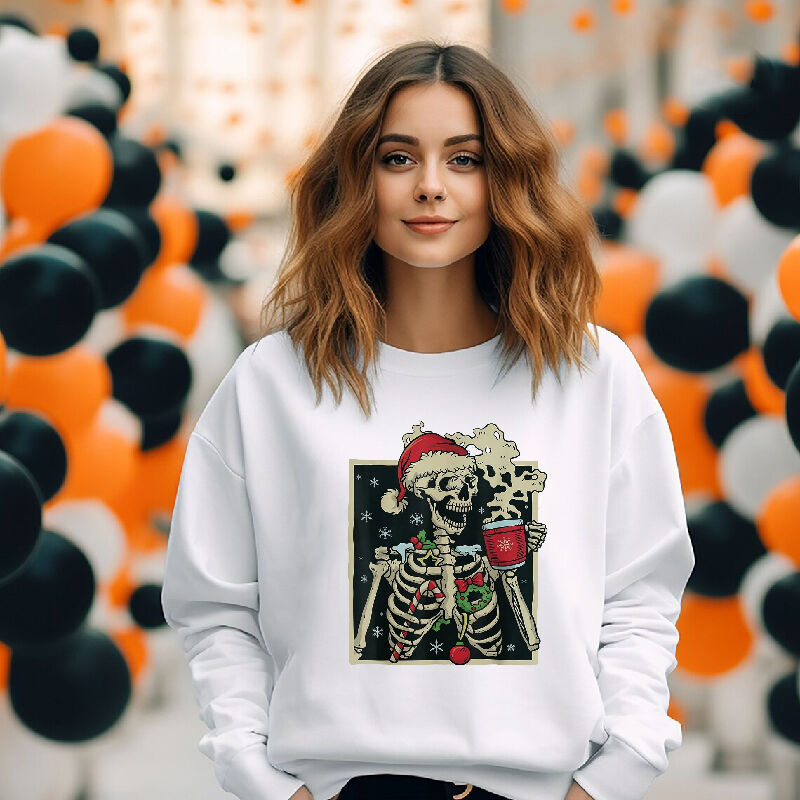 Creative Design Sweatshirt with Ghost Pattern Drinking Hot Coffee Amazing Gift for Her