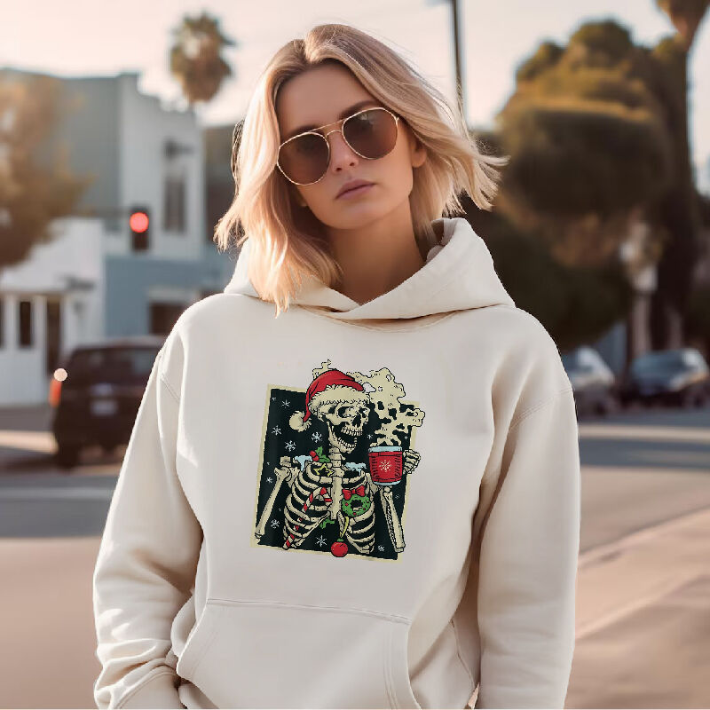 Creative Design Hoodie with Ghost Pattern Drinking Hot Coffee Amazing Gift for Her