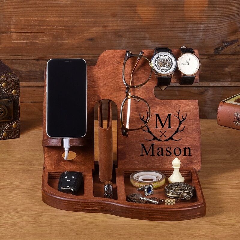 Personalized Desk Organizer Phone Docking Station Wooden Stand Custom Name Design Perfect Gift for Him