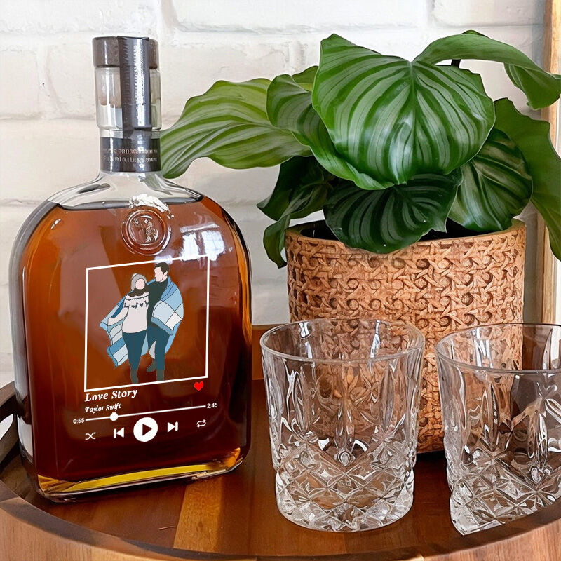 Botella de whisky con foto personalizada y canción personalizada. Regalo creativo para tu amor.