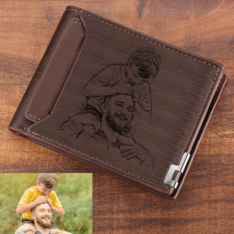 Custom Photo Engraved Wallet Short Style Bifold Gift for Him