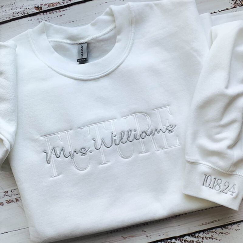 Personalized Sweatshirt Custom Embroidered Name and Date Silver Thread Exquisite Gift for Wife