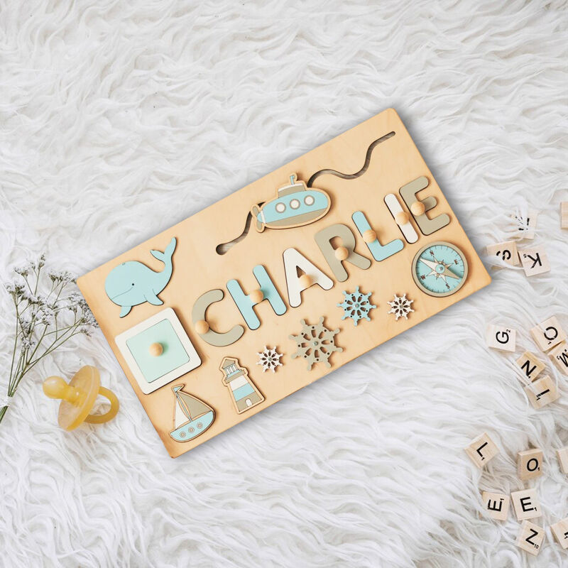 Personalized Wooden Name Puzzle Wooden Whale Submarine Baby Puzzle Toys Gift