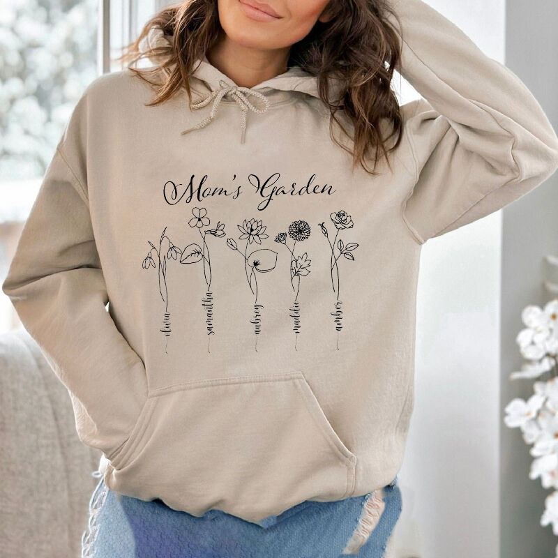 Personalized Hoodie Mom's Garden Beautiful Birth Flower Design with Custom Names Gift for Mother's Day