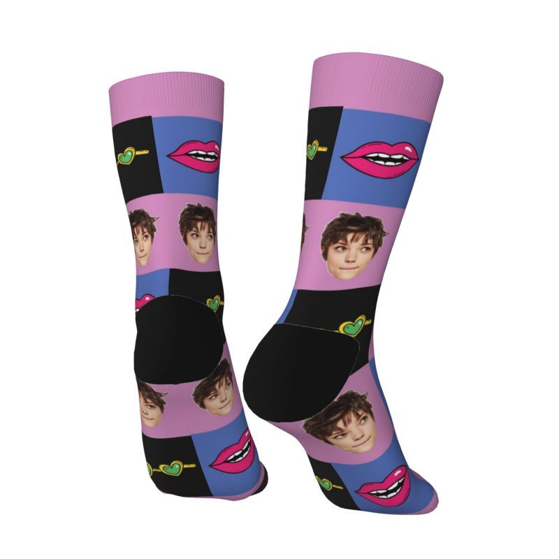 Customized Photo Socks Colorful Plaid Funny Red Lips for Friends