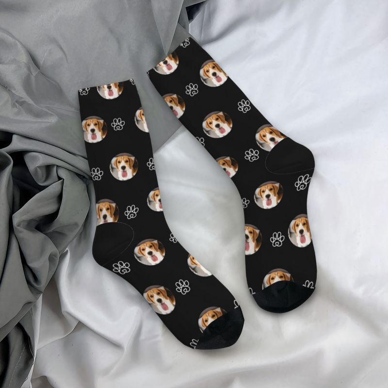 Personalized Face Socks with Line Paw Print Pattern Gift for Pet Owners