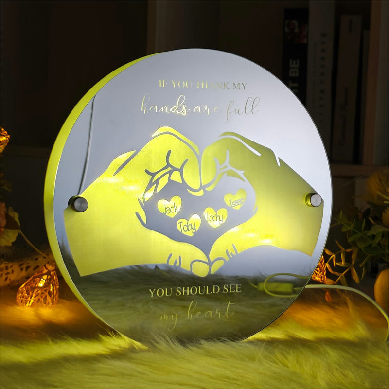 Personalized Round Mirror Lamp With Hand Pattern Warm Gift For Parents