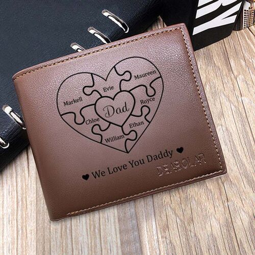 Personalized Leather Tri-fold Wallet With Dad's Heart Linked Together