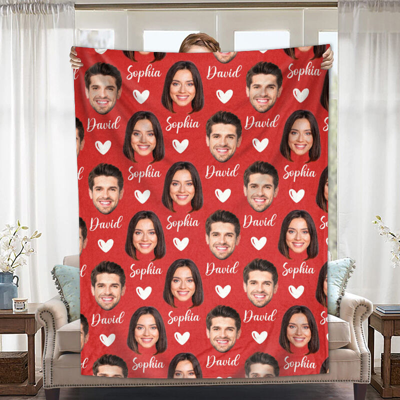 Personalized Picture  Blanket with Custom Name And Heart Pattern Sweet Gift for Couple