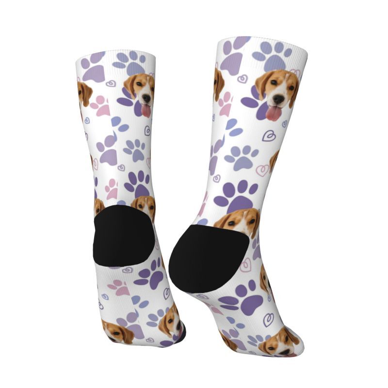 Personalized Face Socks with Cute Purple Dog Paw Prints to Add Pet Photos