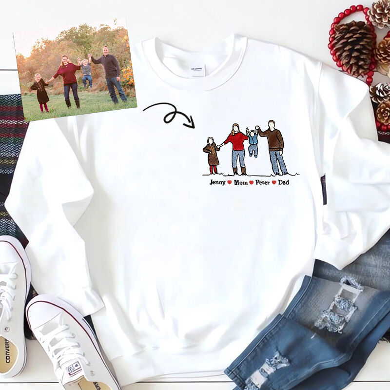 Personalisiertes Sweatshirt Individuell besticktes buntes Familienfoto mit Namen Attraktives Geschenk für Eltern