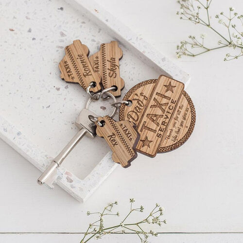 Personalised Name Wooden Keychain Small Gift for Father's Day "Taxi Service"