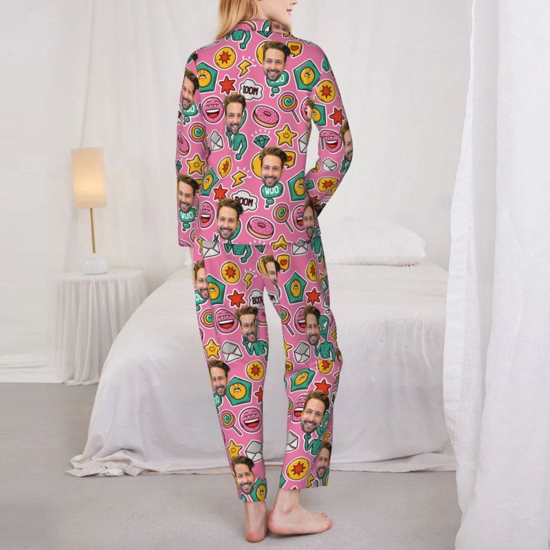 Personalized Pajamas Custom Photo Alien Donut Funny Cartoon Pattern Design Gift for Family Members