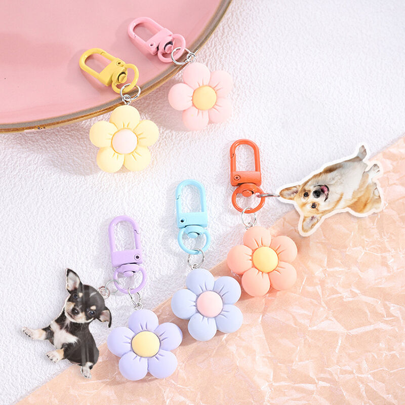 Personalized Acrylic Photo Keychain With Flower Decoration Cute Gift For Girls