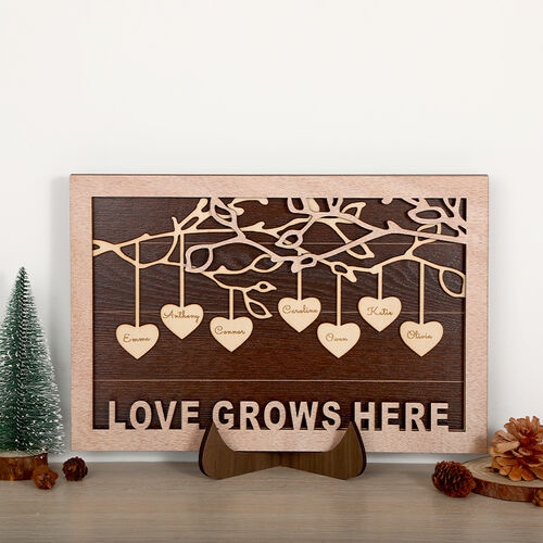 "Love Grows Here" Personalised Heart Engraved Name Frame