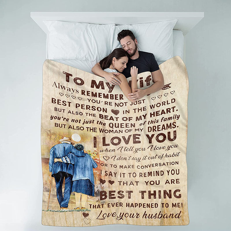 Personalized Flannel Letter Blanket from Husband to Wife Old Man Embracing Pattern