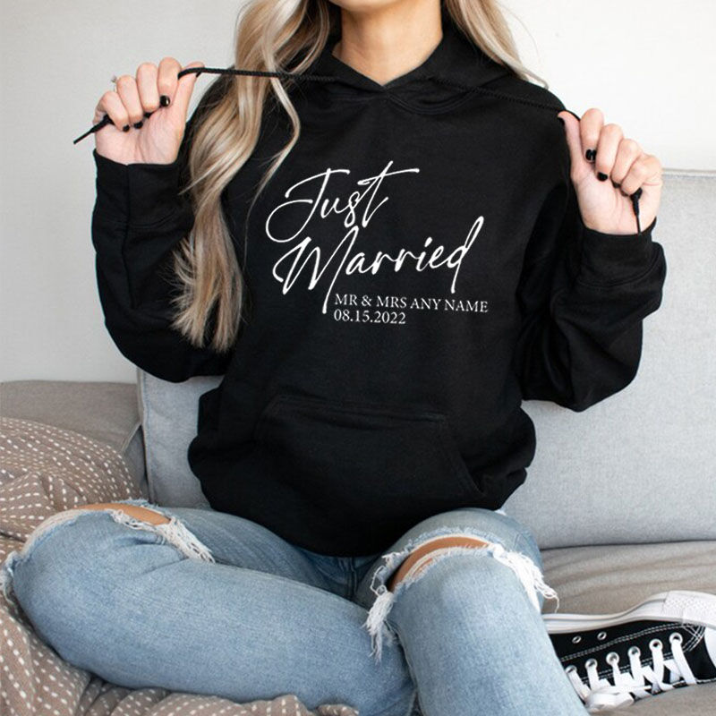 Personalized Hoodie Custom Name and Date Just Married Sign Unique Gift for Wedding Couple