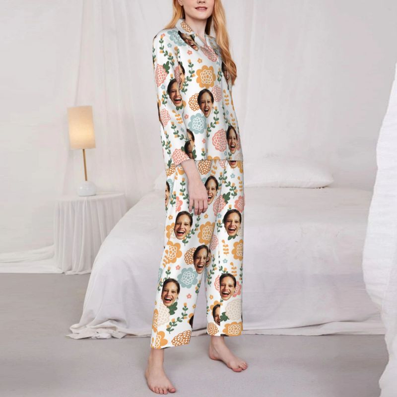 Personalized Pajamas Custom Photo Colorful Floral Pattern Elegant Design Gift for Her Family