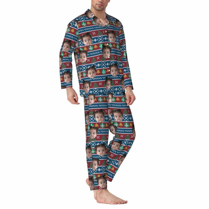 Personalisierte Pyjamas mit individuellem Foto Klassische Weihnachtselemente Muster Design Attraktives Geschenk für die Familie