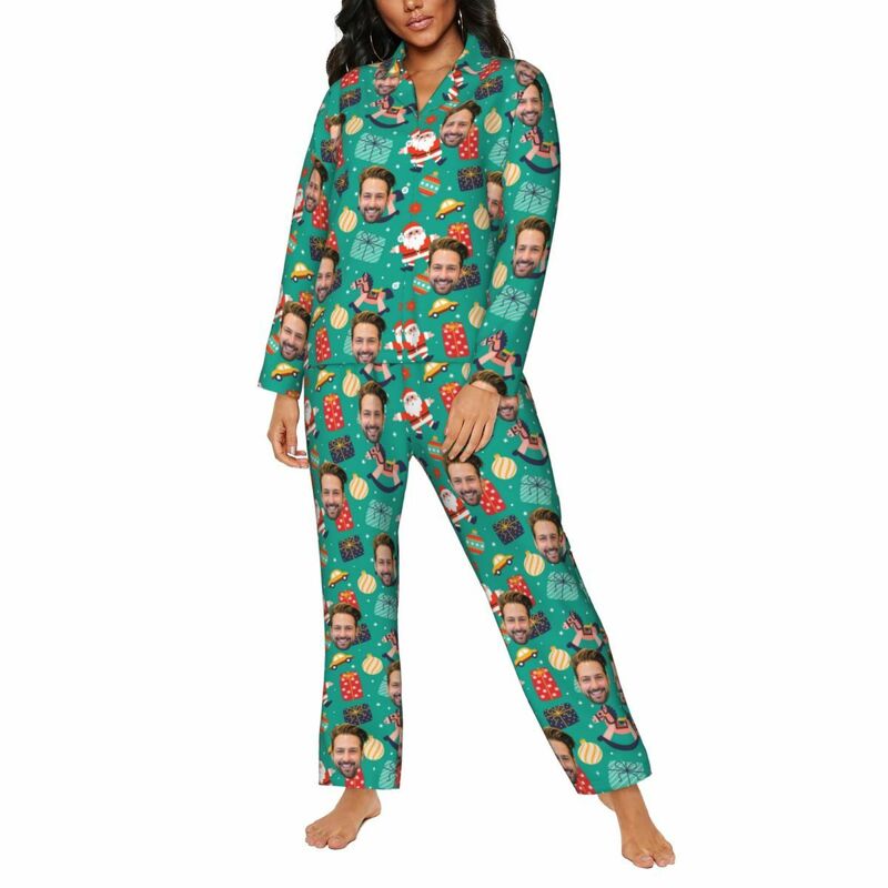 Personalisierte Pyjamas mit individuellem Foto Weihnachtsmann Steckenpferd Niedliches Muster Design Geschenk für die Familie