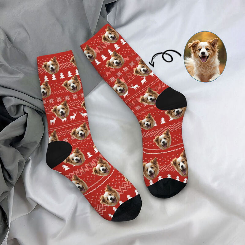 Chaussettes personnalisées pour le visage Chaussettes tricotées rouges avec motif d'élan Cadeau de Noël pour les propriétaires d'animaux de compagnie