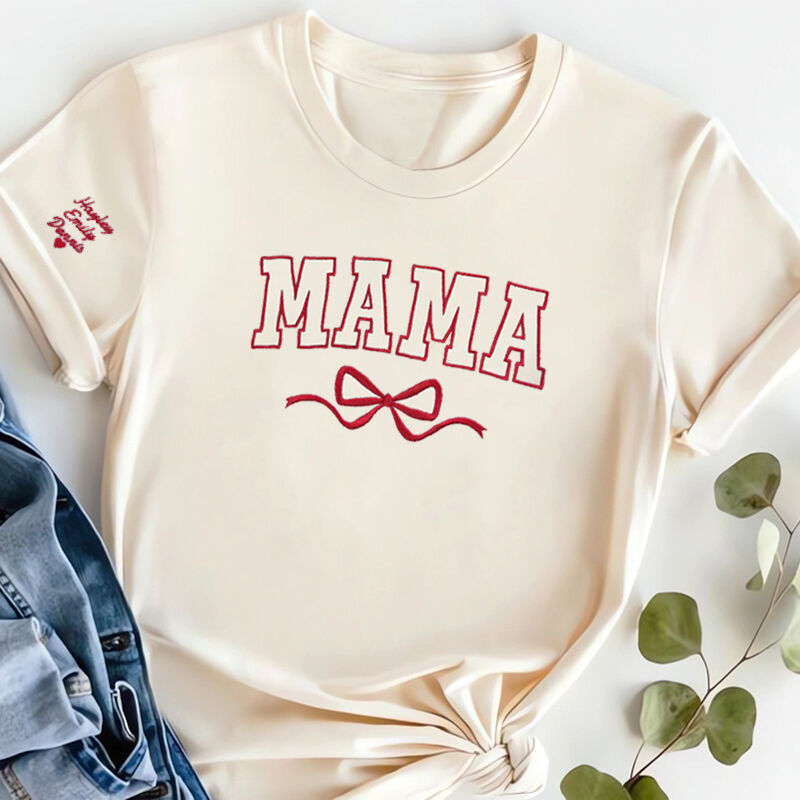 Personalized T-shirt Embroidered Custom Mama Nickname with Bow Design Exquisite Mother's Day Gift