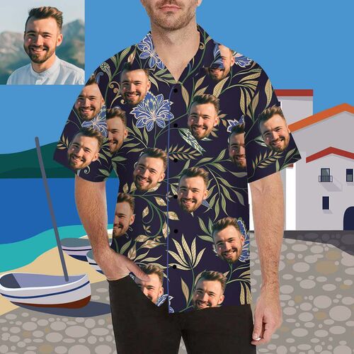 Personalisiertes Gesicht Blaue Blume Herren Hawaii-Hemd