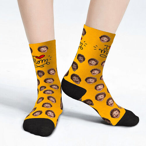 Custom Face Picture Funny Socks with I Love MOM Gift for Mother's Day