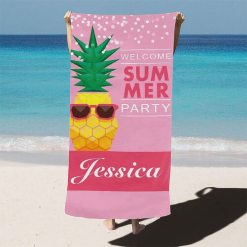 Custom Name Beach Bath Towel with Funny Pineapple Pattern for Friend