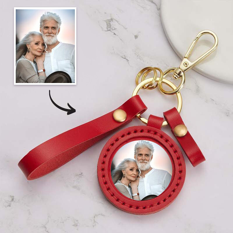Llavero personalizado con foto y cuero rojo para parejas